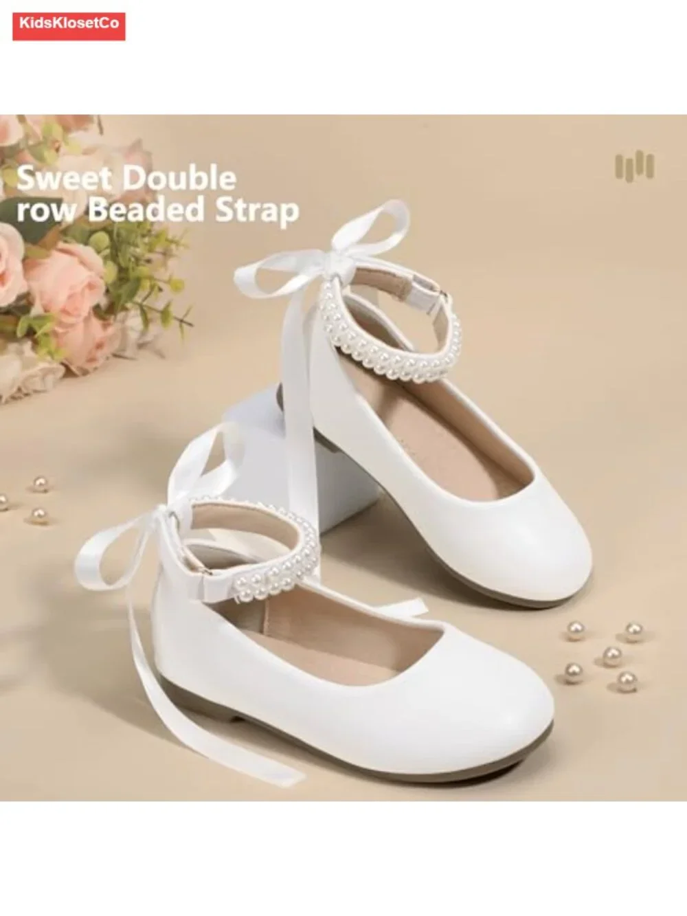 Toddler Girl Mary Jane Ballet Flats with Pearls and Bow - Dress Shoes for